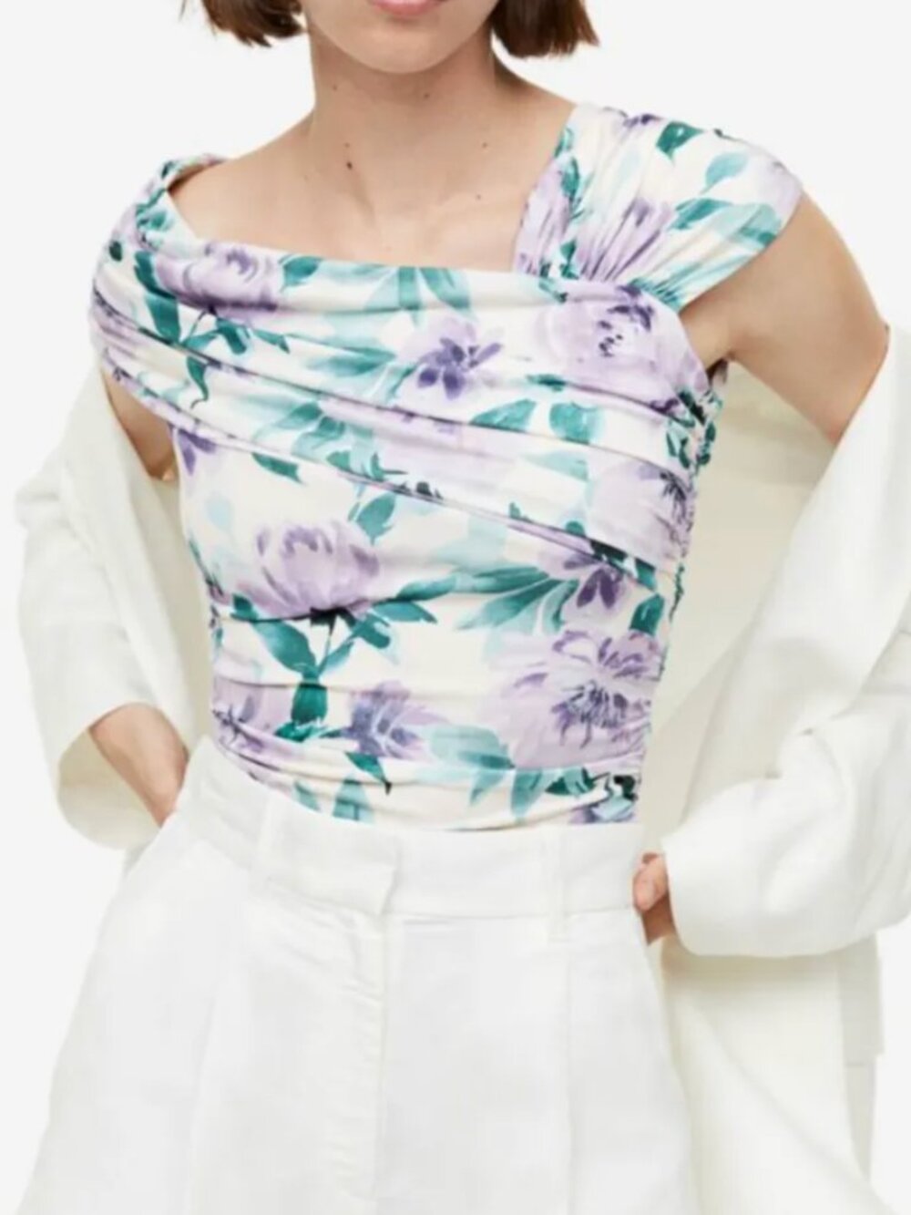 NWT H&M Women's Gathered Floral Thong Asymmetric Bodysuit Size XL
